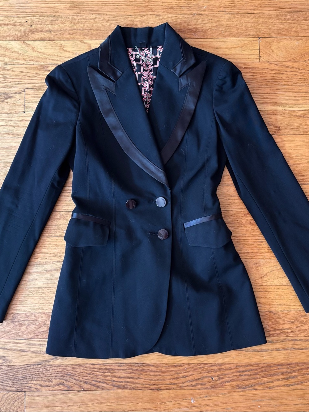 Vintage 2000’s bebe Black Satin-Trim Double-Breasted Blazer